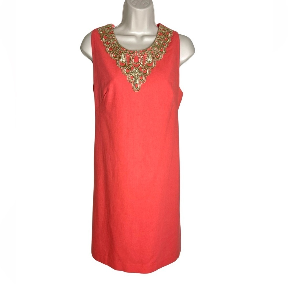 J Howard Womens Size 12P Orange Dress Gold Applique Linen Blend Lined Sleeveless - Picture 4 of 14